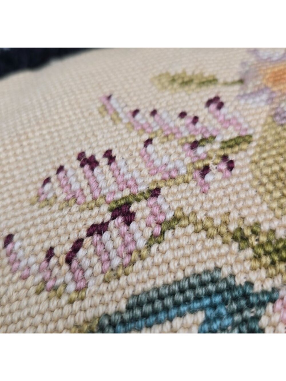 Vintage Floral Needlepoint Throw Pillow Black Fringe 13" Boho Decor - Picture 5 of 10